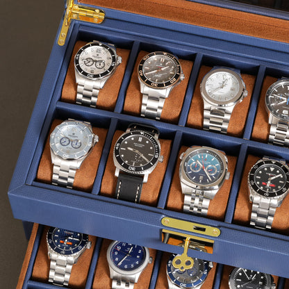 ROTHWELL 20 Slot Leather Watch box - Luxury Case Display Jewelry Organizer, - Locking Display Case Holder with Large Real Glass Top - Watch Box Organizer for Men and Women (Blue/Tan)