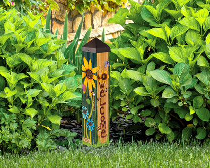 Studio M Art Pole, PVC Weather Resistant Pole with Vinyl Bowl 20 inches Tall Outdoor Decoration for Gardens, Patios, Yards, Landscaping and Birding Accessories, Welcome