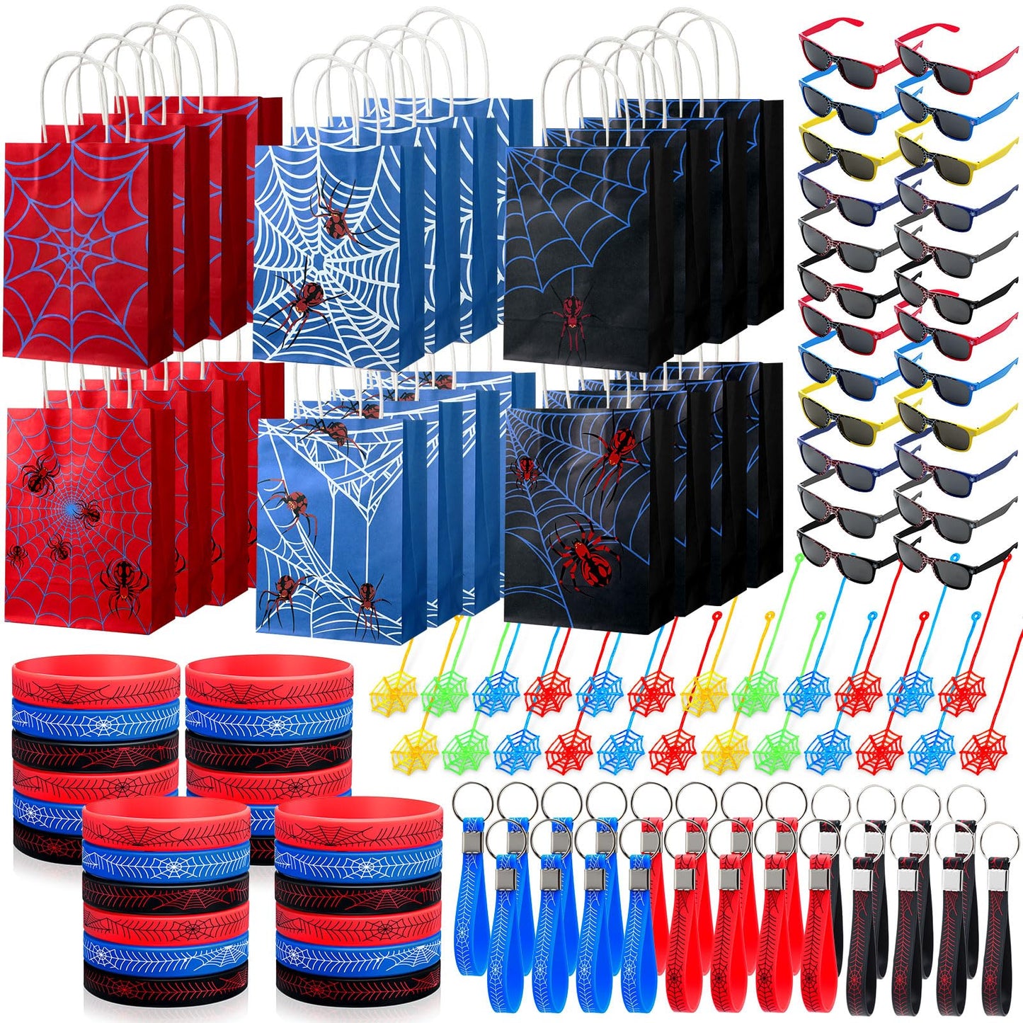 Simgoing 120 Pcs Spider Party Favors Include Spider Sunglasses, Web Gift Tote Bags, Blue Red Black Rubber Wristbands, Silicone Keychains and Sticky Webs for Birthday Comic Themed Party Decoration