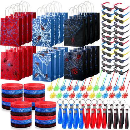 Simgoing 120 Pcs Spider Party Favors Include Spider Sunglasses, Web Gift Tote Bags, Blue Red Black Rubber Wristbands, Silicone Keychains and Sticky Webs for Birthday Comic Themed Party Decoration