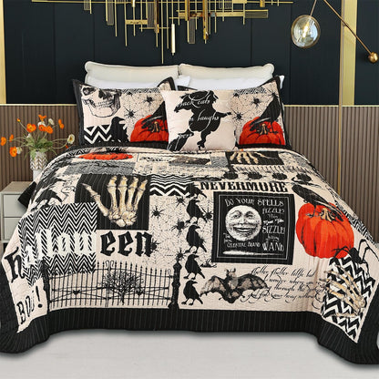 Halloween Quilt Set Queen Size,Black Orange Reversible Quilt Bedding Set 4PCS,Cat Pumpkin Spider Festival Themed Bedspread Full,Decorative Bedding Coverlet with 3 Pillow Shams(Orange&Black,90"x90")