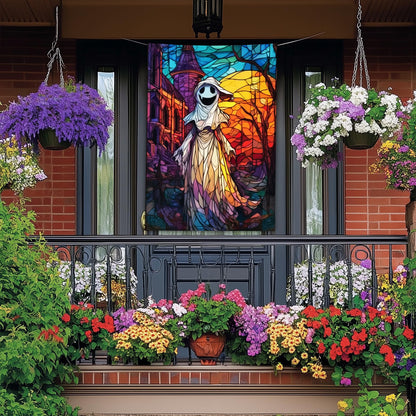 BlissYard Spooky Ghost Halloween House Flag 28 x 40 Inch Double Sided Stained Glass Church Sunset Fall Garden Flag Banner Background for Autumn Porch Yard Outdoor Decor Holiday House Flags