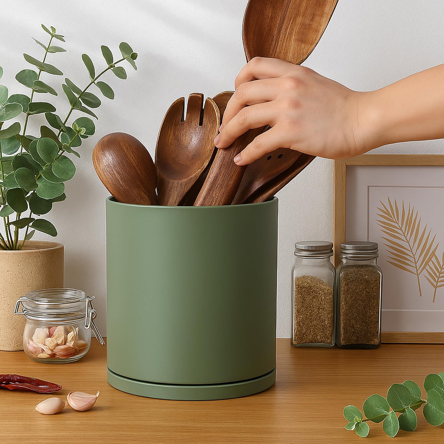 D'vine Dev 360° Rotating Utensil Holder – 7.2" Kitchen Utensil Crock for Countertop, Modern Cooking Tool Organizer for Kitchen Storage & Décor, Set of 2, Olive, 72-Y-C-2