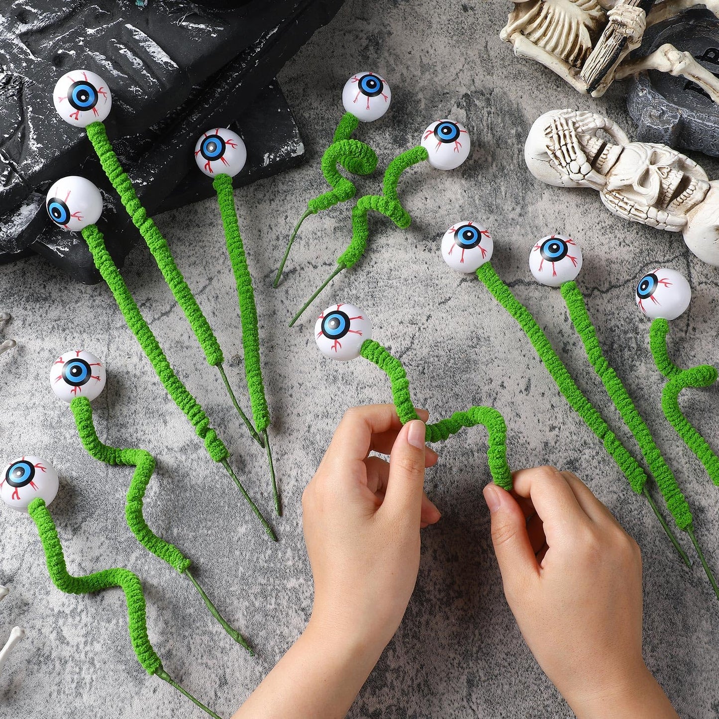 Wavwavw 12 Pcs Halloween Eyeball Picks Halloween Floral Picks 10 Inch Branch Green Decoration Stems Props Decor for Home Office Party Indoor Gifts(Green)