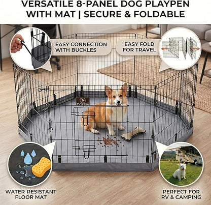 PJYuCien Dog Playpen with Bottom Pad - Metal Foldable Exercise Pen, 8 Panels 30" H x 24" W Indoor Outdoor Pet Fence Puppy Crate Kennel, Gray