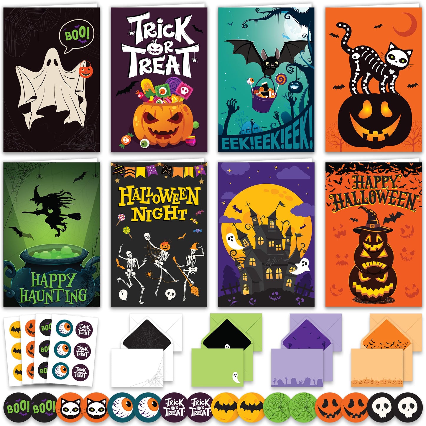 Decorably 24 Pack 4x6in Happy Halloween Cards with Envelopes and Stickers, 8 Spooktacular Designs for Kids & Adults - Blank Inside, Trick-or-Treat Bags, Gifting, Mailing