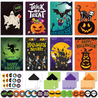 Decorably 24 Pack 4x6in Happy Halloween Cards with Envelopes and Stickers, 8 Spooktacular Designs for Kids & Adults - Blank Inside, Trick-or-Treat Bags, Gifting, Mailing