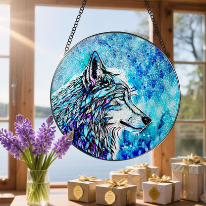Stained Glass Window Hanging, Stained Glass Suncatcher, Wolf Sun Catcher, Window Hanging Decor, Wolf Lover Gift, Gifts for Fathers Day or Mathers Day, Christmas or Birthday Gift, Gifts for Women Men