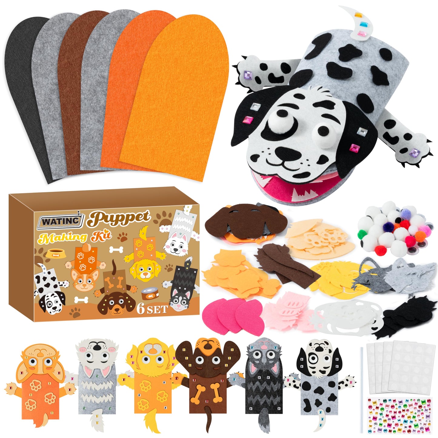 WATINC 6Pcs Hand Puppet Making Kit, Art Craft Felt Sock Puppet Toys, Creative DIY Make Your Own Pompoms Wiggle Googly Eyes Storytelling Role Play Party Supplies Gift for Girls Boys (Dog A)