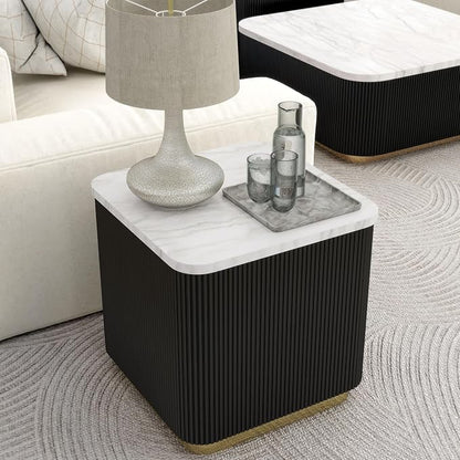 Furniture of America Beryl Modern Square White Genuine Marble Top End Table with Fluted Pedestal Base and Gold Stainless Steel Accent, Low Profile Table for Living Room, Home Office, Black