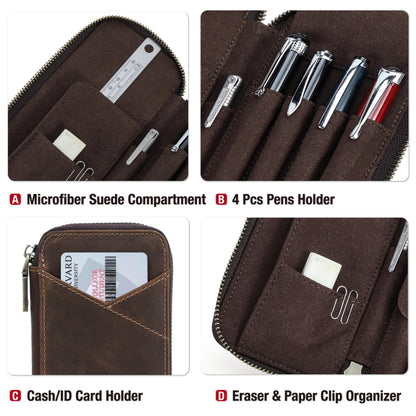 CataPurus Top Grain Genuine Leather 4 Fountain Pen/Pencil Case Pouch, Handmade Minimalist Design, Zipper Closure with Multi-Function & Slots, Gift Choice for Man/Woman/Office, Matte Coffee, 4 Slots