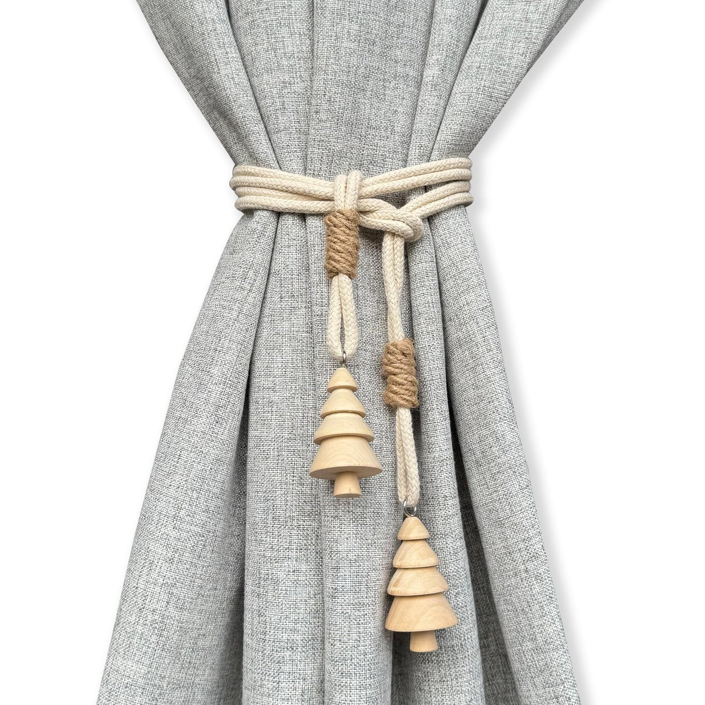 Curtain Tiebacks Farmhouse Holdbacks for Drapes, Boho Tie Backs for Curtains, Cotton Rope with Woody Christmas Tree for Home Decor, Natural Shabby Chic Drapery Holder, Pack-2