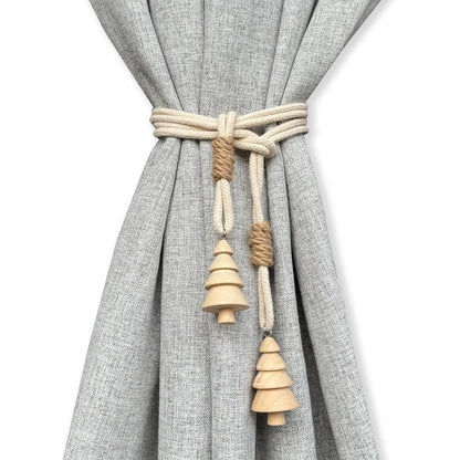 Curtain Tiebacks Farmhouse Holdbacks for Drapes, Boho Tie Backs for Curtains, Cotton Rope with Woody Christmas Tree for Home Decor, Natural Shabby Chic Drapery Holder, Pack-2