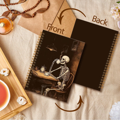 OINDADE Gothic Halloween Skeleton Notebook Journal, Funny Coffee Lover Gifts Spiral Notebook, Spooky Skull Drink Coffee Notebooks Gifts for CoffeeLovers Men Women, Goth School Office Supplies,6x8.2In