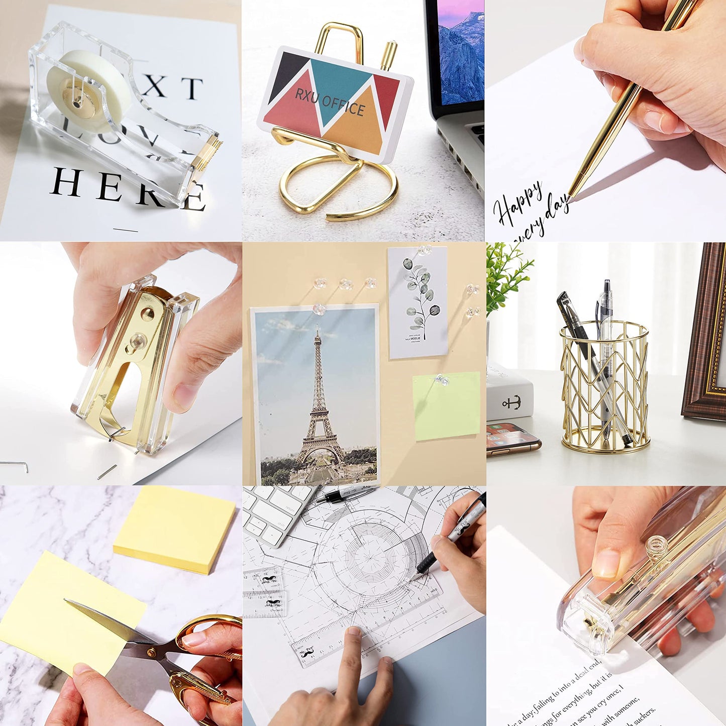 Gold Desk Accessories, Acrylic Stapler, Staple Remover, Tape Holder, Pen Holder, Ballpoint Pen, Scissor, Binder Clips, 1000pcs Staples, Phone Holder, Ruler, Transparent Glue and 300 Notes