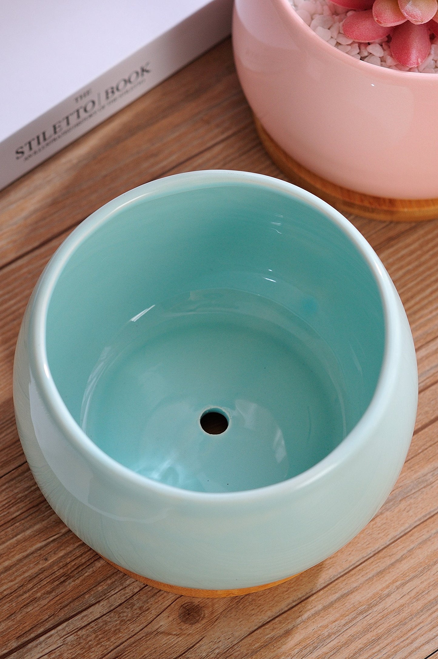 Jusalpha 5'' Ceramic Large Succulent Cactus Plant Pot with Drainage Hole & Bamboo Saucer for Indoor Plant, Planter 07 (Blue)