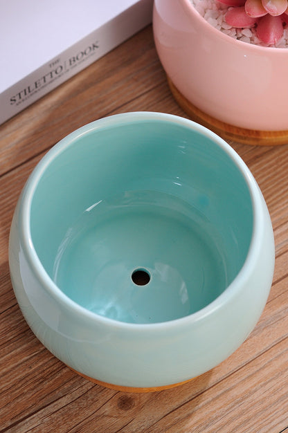 Jusalpha 5'' Ceramic Large Succulent Cactus Plant Pot with Drainage Hole & Bamboo Saucer for Indoor Plant, Planter 07 (Blue)
