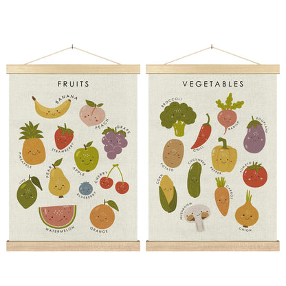 BCUANGD Fruits Vegetables Wall Decor - Toddlers Kids Preschool Poster Hanger with Wood Frames Set of 2, Educational Learning Wall Hanging Canvas Decor for Kids Room Nursery Home, 12x16 Inches