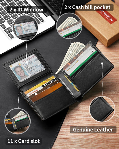 Plinvo Men's Genuine Leather Bifold Wallet RFID Blocking with 2 ID Windows 11 Card Slots 2 Cash Pockets & Gift Box (Black)