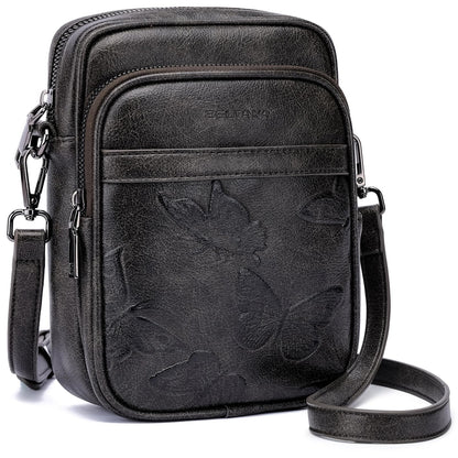 BELTANA Small Crossbody Bags for Women, Butterfly Vegan Leather Cell Phone Bag Trendy Wallet Purse with RFID Card Slots (Black Grey-Silver)