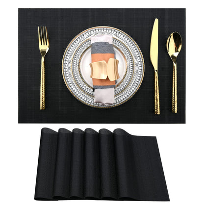SLKQG Black Placemats Set of 6 - Easy Clean Washable Vinyl Placemats - Wipeable Heat Proof Table Mats for Dining Table - 17x12 Inch (Pure Black, 6)