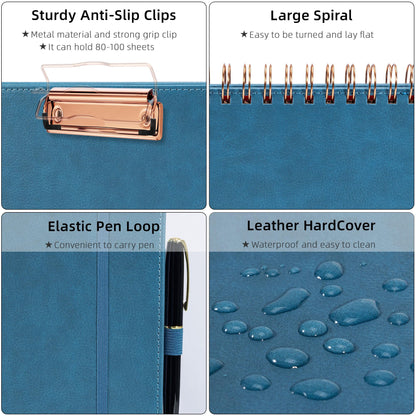 Ospelelf Foldable Spiral Clipboard Folio with with Storage Zipper Pouch, 5 Plastic Folders with 10 Pockets, Leather Clipboard Folder with Notepad, 39 Divider Label Stickers (Hazy Blue)