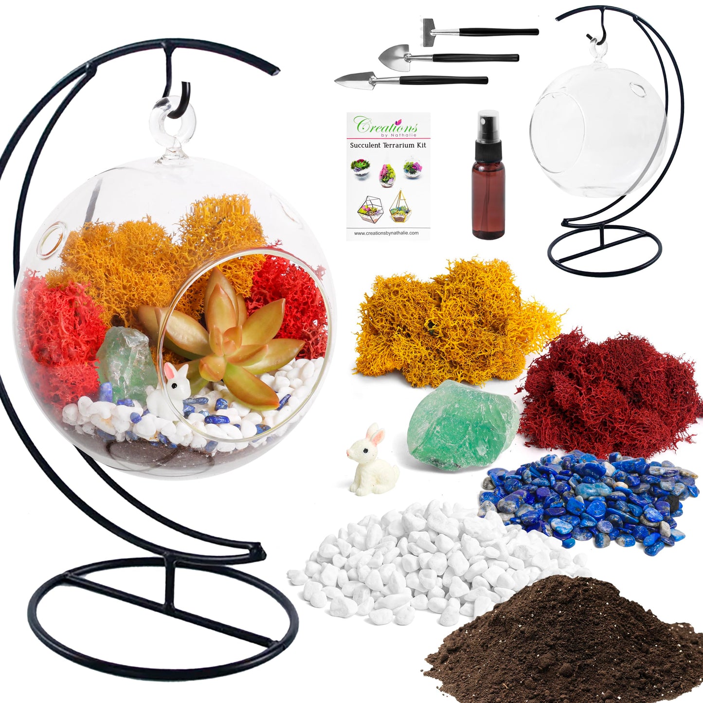 Creations by Nathalie DIY 5" DIY Globe Terrarium Kit - Build Your Own Glass Terrarium for Adults & Teens with Moss, Crystals, Tools & Decorative Figurine - Mini Ecosystem (Plant Not Included)