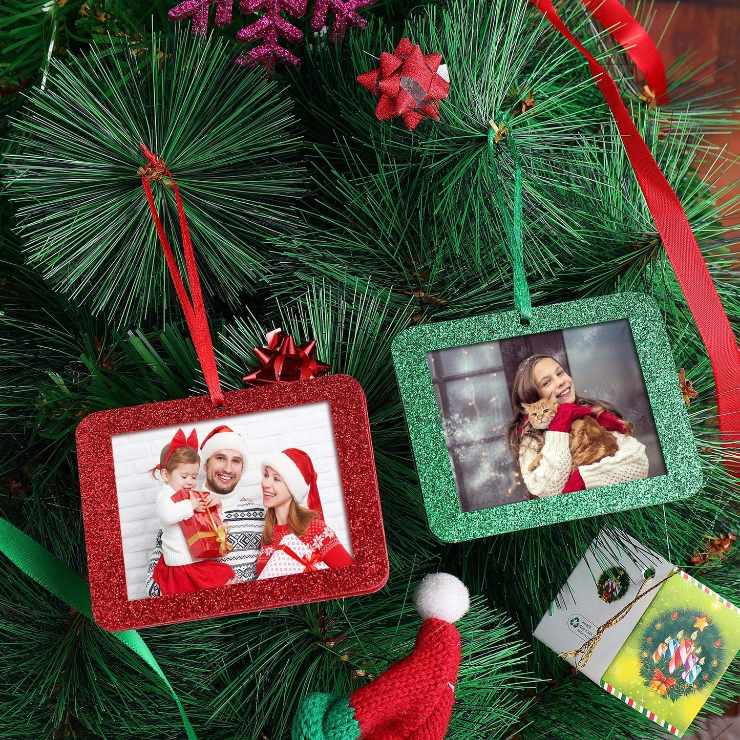 Jetec 36 Pieces Christmas Photo Ornament Frames Mini Felt Glitter Hanging Photo Frame Small Holiday Frames Christmas Tree Decoration for Present Christmas Tree Picture Frames (Red, Green)