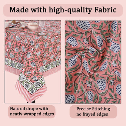 Ridhi Dark Salmon Pink Hand Block Print Cotton Rectangle Tablecloth 60" x 60" inches Reusable Table Cover Decorative Everyday Use for Dining Room, Farmhouse, Home Gift for Spring, Mother's Day