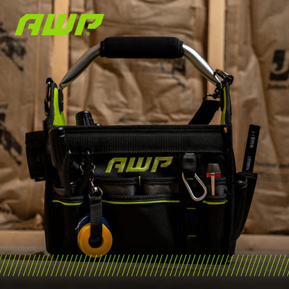 AWP 12 Inch Pro Tool Tote with Rotating Handle for Easy Tool Access, Water-Resistant Construction, Black