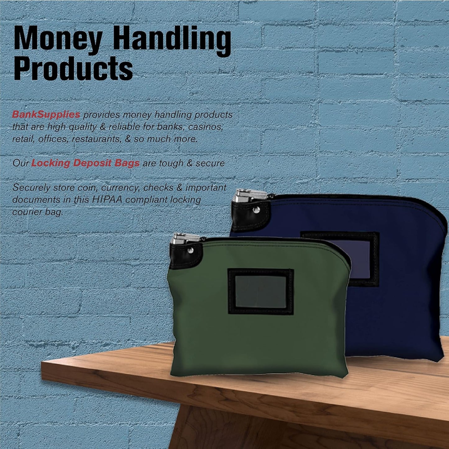 BankSupplies Laminated Nylon Locking Deposit Bag | Navy Blue | 15W x 11H | 2 Keys Included for Each Bag | HIPAA | Puncture Resistant Laminated Nylon | Double Stitched Seams