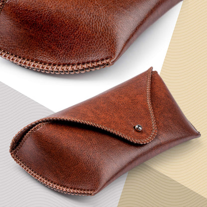 PU Leather Sunglass Case, Soft Premium Sunglasses Case Pouch Brown, Medium Big Glasses Holder For Men and Women