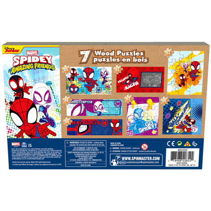 Spin Master Games, Marvel Spidey and His Amazing Friends Puzzles 7-Pack, Jigsaw Kids Puzzles with Sliding Wood Storage Box, Spiderman Toys, for Kids Ages 4 & Up
