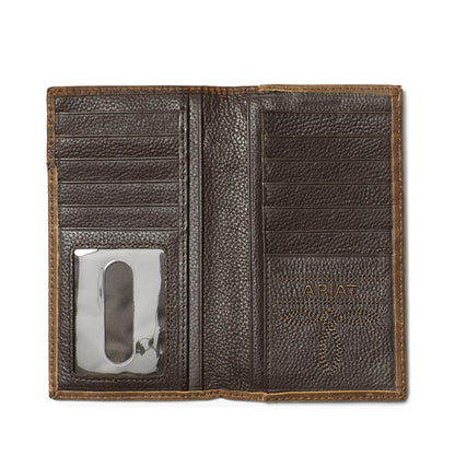 ARIAT Men’s Boot Stitch Overlay Rodeo Wallet, Distressed Top Grain Leather with Silver Shield Concho | Brown