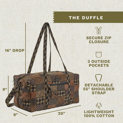 Bella Taylor Quilted Duffle Bag for Women, Large Carry On Travel Weekend Bag, Quilted Cotton Ironstone Black and Brown Patchwork