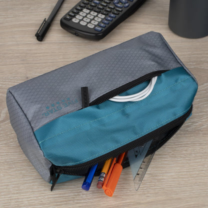 Five Star Pencil Pouch 9-Pocket Zipper Storage Organizer Case for Office Supplies Earbuds Chargers Cables Makeup, Grey/Teal (505600D)