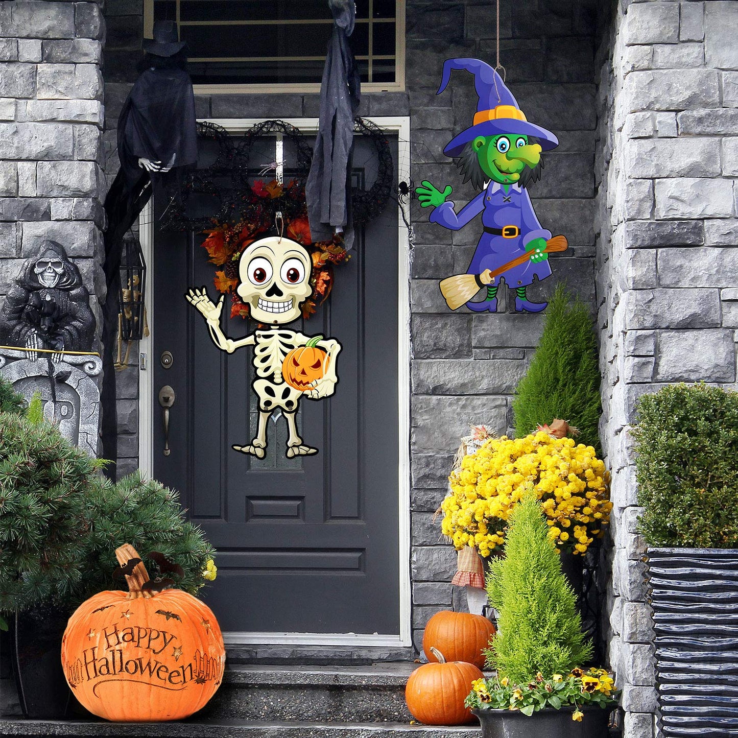 4 Sets Funny Halloween Party Decoration Jointed Figures Door Hanger, Hanging Halloween Wall Decoration Signs Vampire, Skeleton, Witch, Zombie Banners for Party Decor