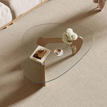 Modern Coffee Table for Living Room and Small Spaces, 35.6" x 25.4" x 15.8" Triangle Tempered Glass Table Top and Solid Wood Base, Natural Wood