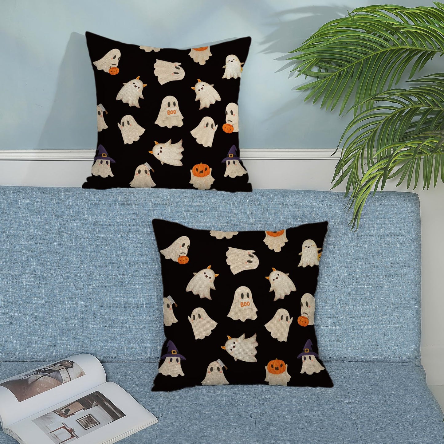 JEFERSO Halloween Pillow Covers 18x18 Set of 2 Cute Black and White Pumpkin Ghost Throw Pillows Fall Halloween Decorations Pillowcase Farmhouse Linen Outdoor Decorative Cushion Case for Couch Sofa