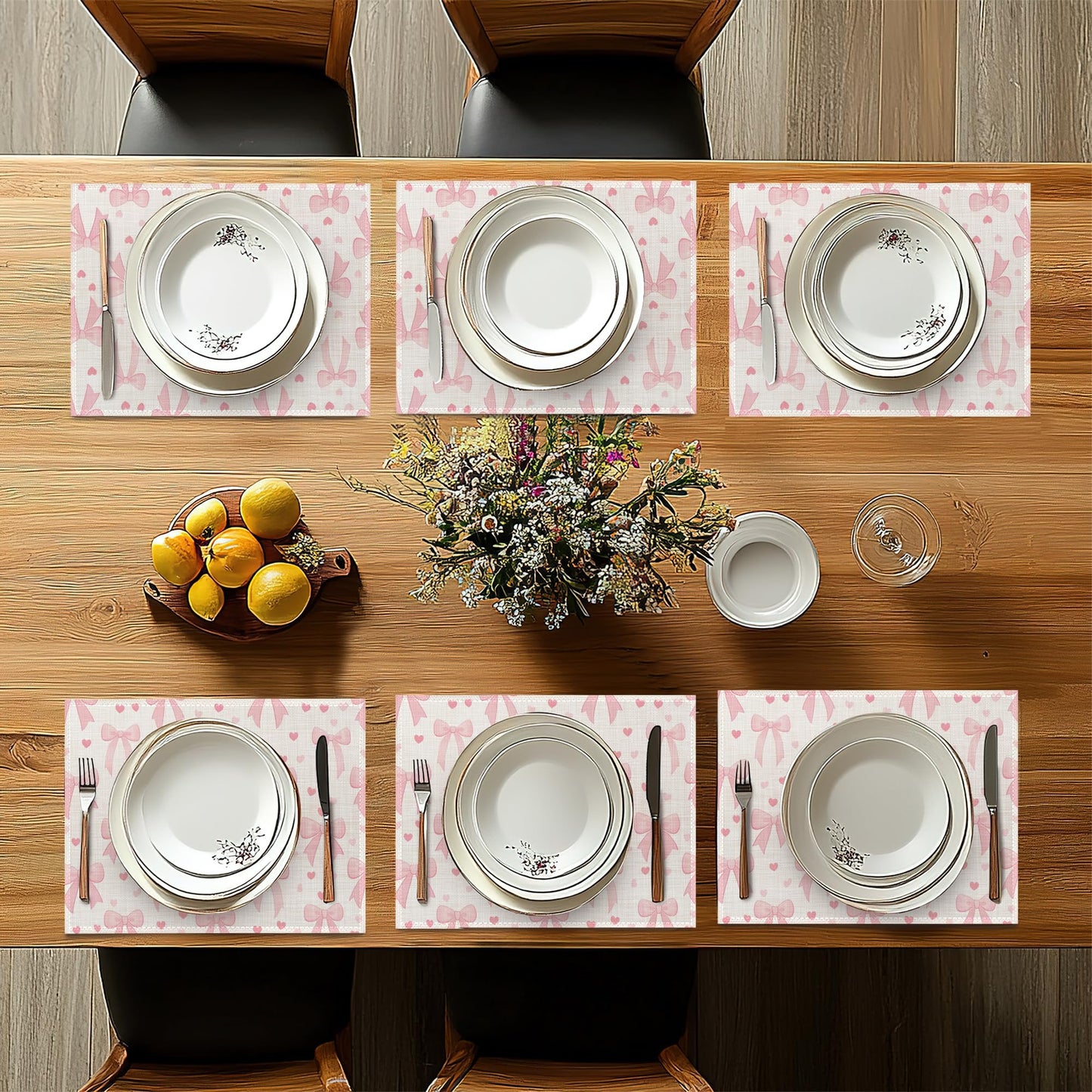 Placemats Set of 6,Cute Pink Bow Heart Heat Resistant Kitchen Table Mats for Indoor and Outdoor,Washable Wipe Clean Dining Placemat 12 x 18 Inches
