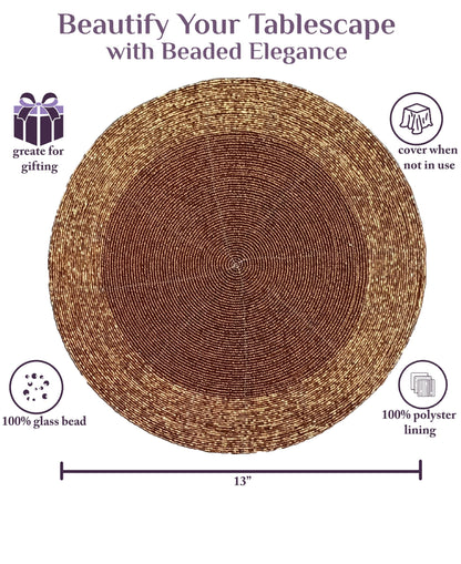Glitz Handmade Beaded Charger Placemats - Set of 4 Handmade Beaded Placemats - Everyday Dining Essentials for Halloween, Harvest, Autumn, Fall, Holidays, Christmas - 13 Inch Round, Copper Tonal
