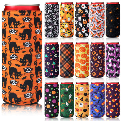 Mimorou 16 Pcs Halloween Can Coolers Sleeves 12oz Xmas Skinny Can Cooler Sleeves Reusable Neoprene Slim Beer Insulator for Halloween Party Favors Decoration Gifts Supplies (Spider)