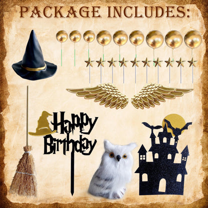 26 PCS Wizard Birthday Party Cake Decorations Set, Happy Birthday Acrylic Cake Topper with Magic Hat, Broom, Castle, Wings, Stars, Balls