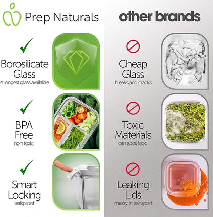 PrepNaturals 5 Pack 34 Oz Glass Meal Prep Containers - Dishwasher Microwave Freezer Oven Safe - Glass Storage Containers with Lids (Multi-Compartment)