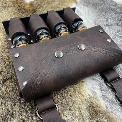 HiiFeuer Medieval Alchemy Faux Leather Belt Bag with 4 Cork Potion Vials, Fantasy Wizard Waist Pouch Side Pack for Ren Faire (Brown A)