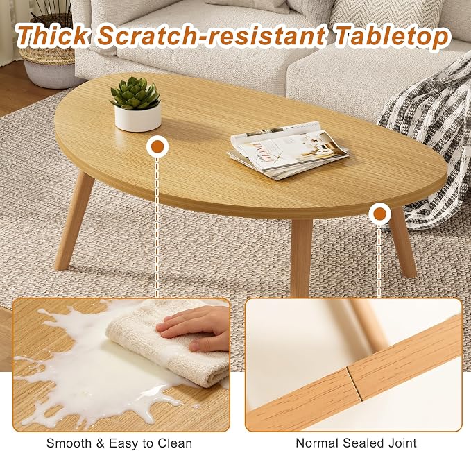 Coffee Table Low Table with Solid Wood Legs, 31.5x19.7 Large Coffee Table Side Table, Floor Table Desk for Sitting on The Floor, Living Room Furniture for Office Apartment Home, Pebble-Natural