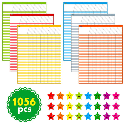 6 Pack Multi-Color Dry Erase Incentive Chart/Chore/Responsibility/School Attendance/Homework Progress Tracking Chart, 6 Pack in Multi-Color, 36 Rows X 25 Columns (17" x 22.5") with 1056 Stars