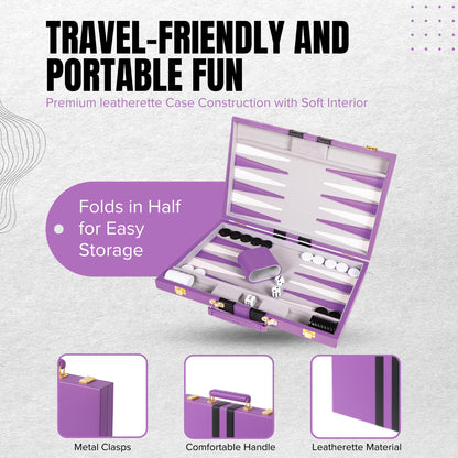Premium Backgammon 18 Inches Large Purple - Backgammon Sets for Adults and Kids - Leatherette Back Gammon Board Game Set - Travel Backgammon Set Board Encased with Accessories