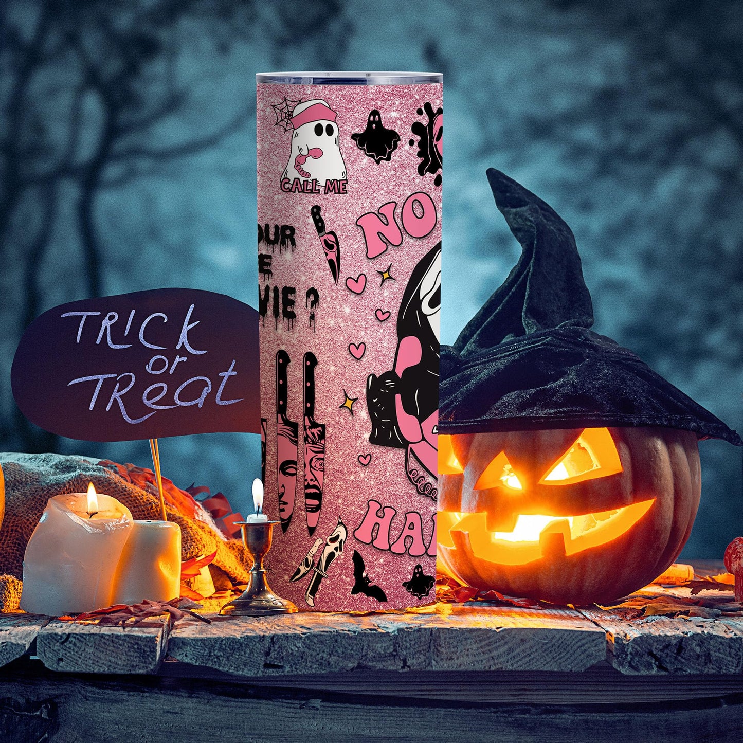 Pink Spooky Cute 20oz Skinny Tumbler, Halloween Horror Aesthetic Stainless Steel Travel Mug with Lid, Insulated Coffee Cup Gift for Women Teens