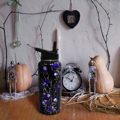 ZNYYZYBA Insulated Halloween Water Bottle 32 oz, Flower Skull Water Bottle with Straw, Reusable Leakproof Tumbler Stainless Steel, Halloween Gifts for Women